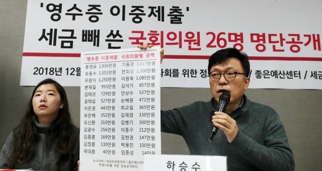 하승수 ‘세금도둑잡아라’ 공동대표가 4일 오전 서울 중구 뉴스타파 회의실에서 ‘영수증 이중제출’ 세금 빼 쓴 국회의원 26명 명단공개 기자회견을 하고 있다. 사진=뉴시스