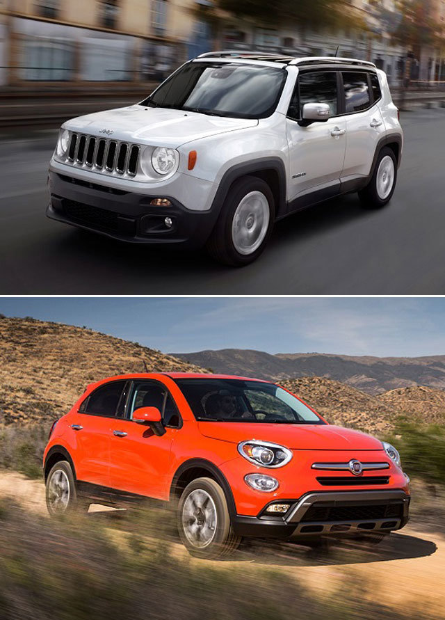 4일 환경부가 배출가스 불법 조작 사실을 적발한 이탈리아 피아트사의 ‘지프 레니게이드’(위쪽)와 ‘피아트 500X’. 환경부 제공