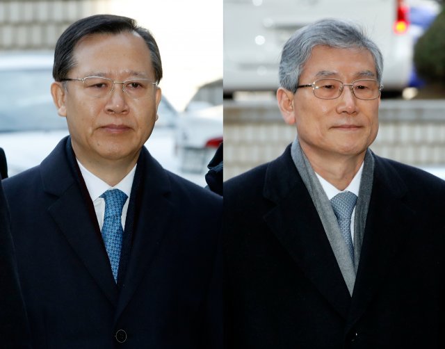 사법행정권 남용 혐의를 받고 있는 박병대(왼쪽), 고영한 전 대법관이 6일 오전 서울 서초구 중앙지방법원에서 열린 영장실질심사(구속 전 피의자심문)에 출석하고 있다. 2018.12.6/뉴스1 © News1