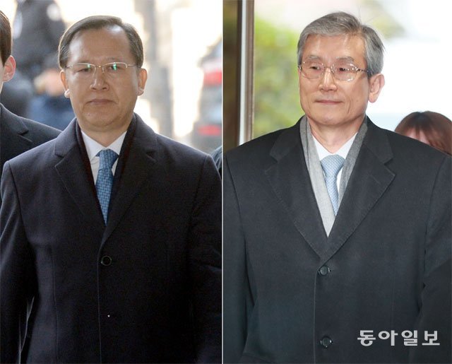 사법행정권 남용 및 재판 개입 혐의 등으로 구속영장이 청구된 박병대 전 대법관(왼쪽 사진)과 고영한 전 대법관이 6일 영장실질심사를 받기 위해 서울 서초구 서울중앙지법으로 출석하고 있다. 박영대 기자 sannae@donga.com