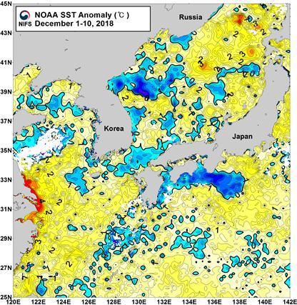 12월 초순 현재 우리나라 해역 표면수온 평년편차 분포/자료=해양수산부© News1