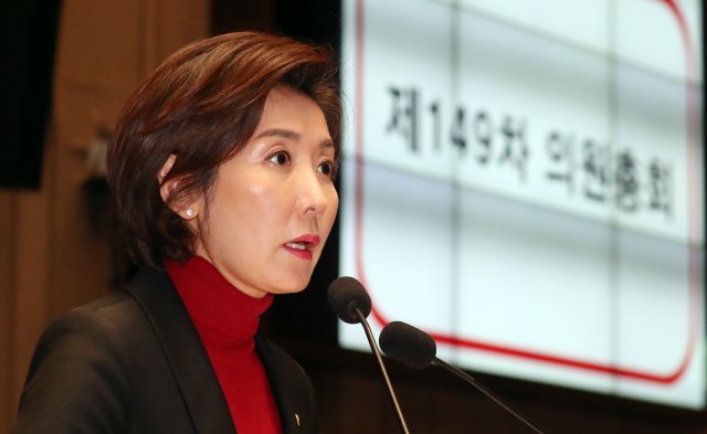 나경원 자유한국당 원내대표가 19일 서울 여의도 국회에서 열린 의원총회에서 모두발언을 하고 있다. 2018.12.19/뉴스1 © News1