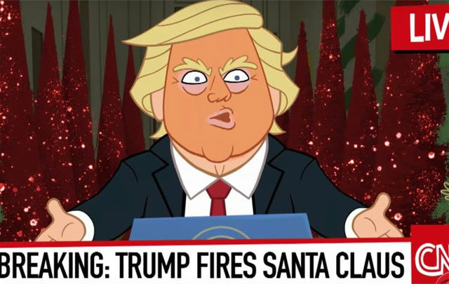‘스티븐 콜베어 토크쇼’의 크리스마스 특집 만화의 한 장면. 도널드 트럼프 미국 대통령이 산타클로스를 해고하는 장면을 CNN이 생중계로 방송하고 있다. CBS방송 화면 캡처