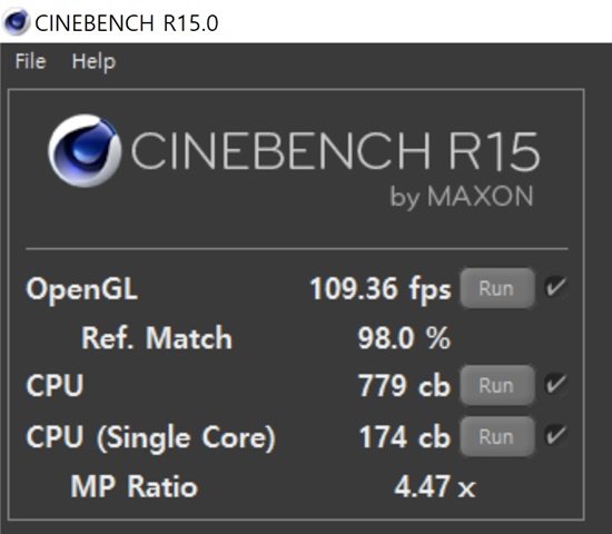 씨네벤치 R15로 측정한 CPU 연산능력(출처=IT동아)