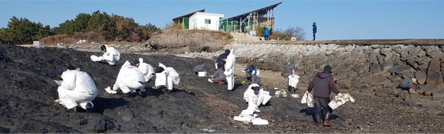 충남 홍성군 서부면 죽도 주민들이 25일 흡착포를 이용해 해안가로 밀려온 기름띠를 제거하고 있다. 홍성군 제공