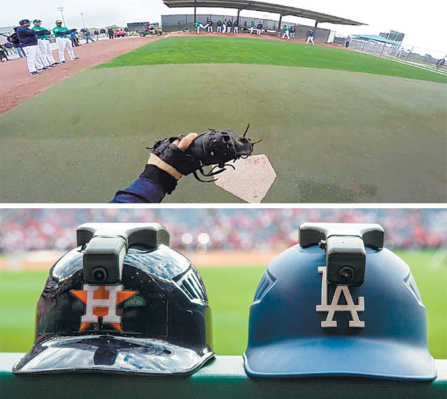 스포츠미디어 산업이 커지면서 중계 기술 또한 발전하고 있다. 메이저리그에서는 올스타전 같은 이벤트 경기를 통해 심판, 포수, 주루코치 등의 헬멧에 카메라를 달고 영상을 보여주는 실험을 하고 있다. 포수 헬멧에 장착된 카메라로 본 야구장 모습(위 사진)과 주루코치 헬멧에 부착된 카메라. 사진 출처 시애틀 매리너스 트위터