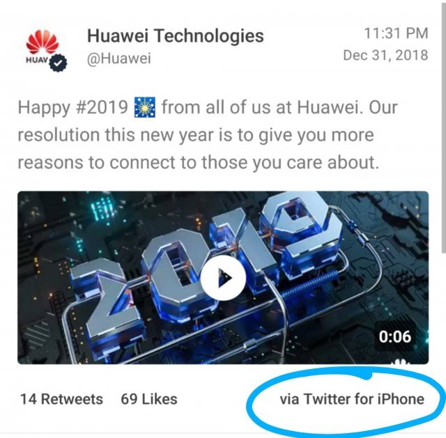 지난해 12월 31일 화웨이가 공식 트위터 계정에 올린 새해 인사말. 트윗 하단에 ‘아이폰에서 보낸 트위터(via Twitter for iPhone)’라는 문구가 적혀 있다.