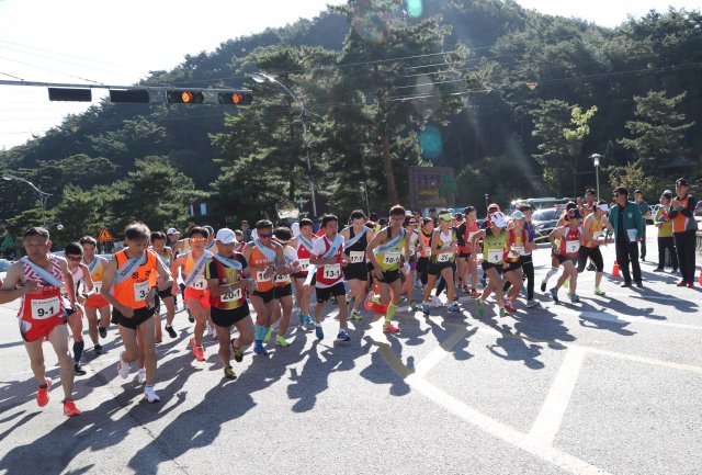 충북 보은군 속리산 말티재 꼬부랑길에서 열린 구간 마라톤 대회에 출전해 레이스를 하고 있다.(보은군 제공)