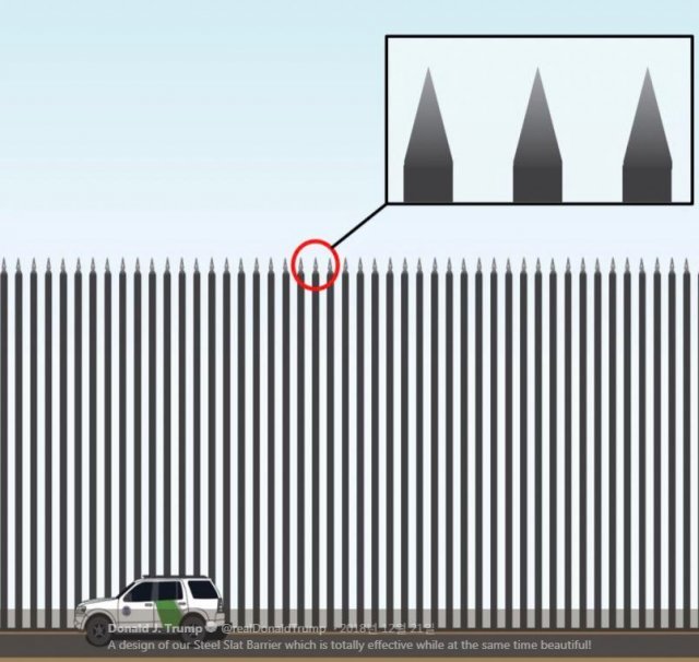 도널드 트럼프 미국 대통령이 지난 21일(현지시간) 트위터에 올린 철제 슬레이트 장벽. © News1