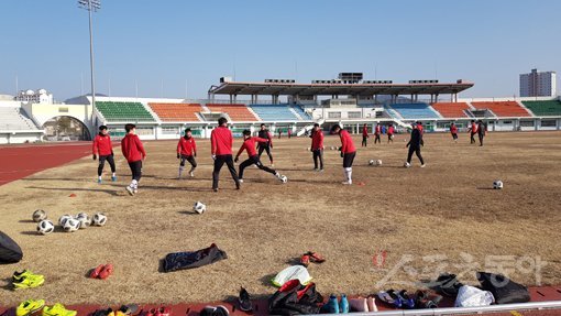 경남FC 선수단이 7일 구단 클럽하우스가 위치한 함안공설운동장에서 몸을 풀고 있다. 함안｜남장현 기자 yoshike3@donga.com