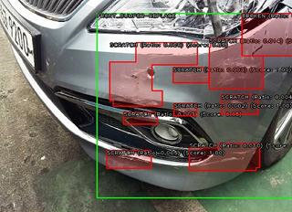 인공지능(AI)이 사고 차량의 손상 정도를 인식한 모습이다. 초록 선 안은 사고가 난 차량 부위를, 붉은 부분은 손상이 심한 부분을 뜻한다. 화면 곳곳에 손상 형태와 정도가 영문으로 적혀 있다. 보험개발원 제공