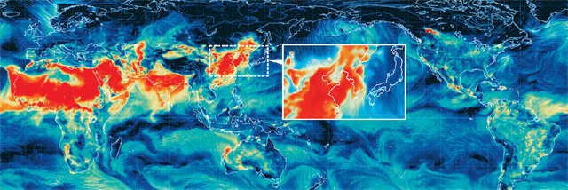 중국發 먼지 덮쳐… 한반도 ‘적색경보’ 서울의 초미세먼지 농도가 최악을 기록한 14일 오후 한반도의 
모습이다. 미국 국립기상청의 데이터를 기반으로 지표면의 기상 상황을 나타내는 사이트(earth.nullschool.net)에 
표시된 초미세먼지(PM2.5)의 이동 모습으로, 중국에서 시작된 미세먼지가 한반도를 뒤덮고 있음을 알 수 있다. 붉은색이 진할수록
 미세먼지 농도가 짙다. earth.nullschool.net 화면 캡처