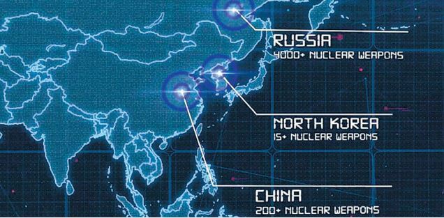 주일미군이 지난해 12월 18일 페이스북과 유튜브 등에 올린 홍보 영상의 한 장면. 이 영상은 북한을 중국 러시아와 함께 ‘핵보유 선언국’으로 소개했다(USFJ 유튜브 영상 캡처)