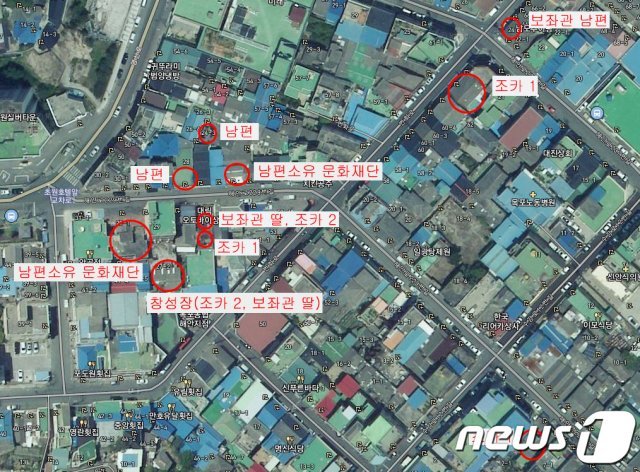 투기 의혹을 받고 있는 손혜원 의원이 목포시 원도심 일대에 구입한 부동산 위치(빨간원)./뉴스1 ⓒ News1