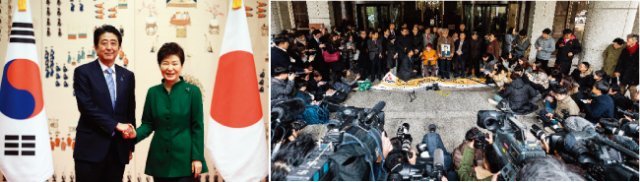 2015년에야 만난 박근혜와 아베(왼쪽). 일제의 식민지배를 불법으로 보고 개인 배상을 판결한 한국 대법원. [청와대사진기자단, 뉴스1]