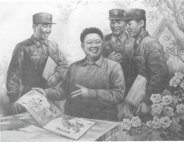 ‘몸소 병사의 소묘화첩을 보아주시며’라는 제목의 북한 소묘. 박창룡 작가의 2006년 작품으로 북한의 국보로 지정됐다. 김형완 씨 제공.