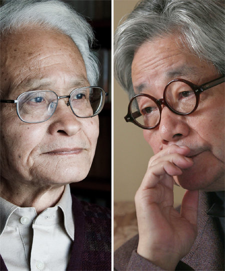 후루이 요시키치(왼쪽 사진)는 1968년 단편소설 ‘목요일에’를 발표하며 이름을 알렸다. 독문학자 겸 번역가로도 명성이 높다. 오에 겐자부로(오른쪽 사진)는 1958년 단편소설 ‘사육’으로 아쿠타가와상을 받으며 주목받기 시작했다. 1994년 노벨 문학상을 수상했다. 마음산책 제공