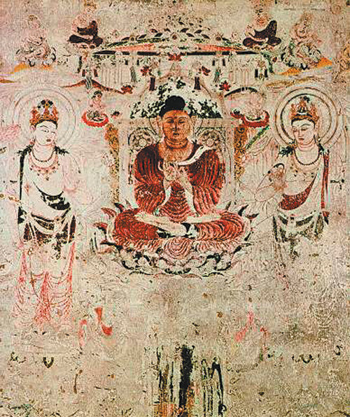 일본 나라현 호류사 금당벽화 12폭 중 6번째 벽에 그려진 ‘아미타정토’. 7세기에 그려진 작품이다. 호류사 제공