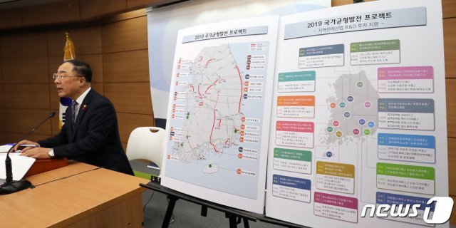 홍남기 경제부총리 겸 기획재정부 장관이 29일 정부세종청사 기재부 브리핑실에서 2019 국가균형발전 프로젝트 브리핑을 하고 있다. 2019.1.29/뉴스1 © News1