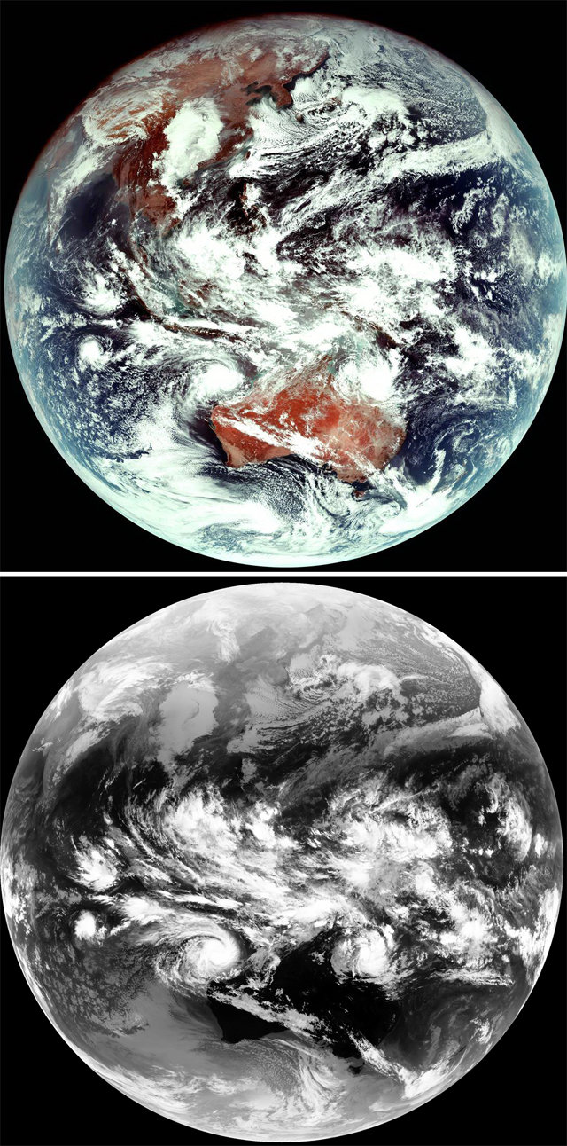 지난해 12월 발사된 기상위성 천리안2A호가 26일 처음으로 전송한 지구의 모습(위쪽). 천리안1호의 전송 사진과 달리 컬러인 데다 해상도가 4배 더 좋다. 기상청제공
