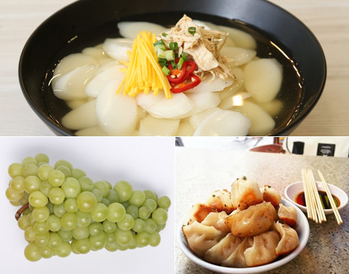 한국 설음식의 대표선수인 떡국과 중국의 만두 자오쯔. 멕시코 사람들은 12알의 포도를 먹으며 새해 소원을 빈다(위쪽부터 시계 방향으로).