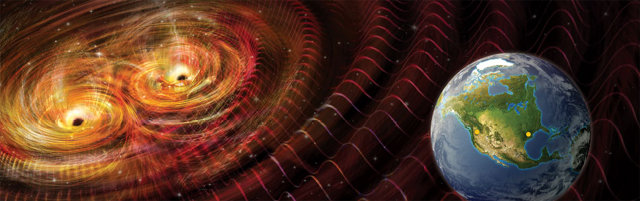 두 블랙홀이 병합되는 과정에서 발생한 중력파가 퍼져 나가는 모습의 상상도. 미국항공우주국 제공