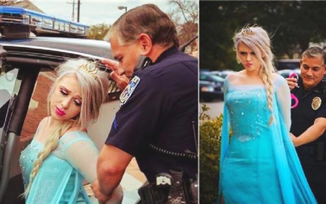 미국 사우스캐롤라이나주 해너핸 경찰서 소속 경찰관이 영화 ‘겨울왕국’ 주인공 엘사 차림의 여성을 체포해 경찰차에 태우고 있다. 2015년 촬영된 이 사진은 혹한에 ‘엘사 이벤트’를 벌일 때마다 쓰인다. 해너핸=AP 뉴시스