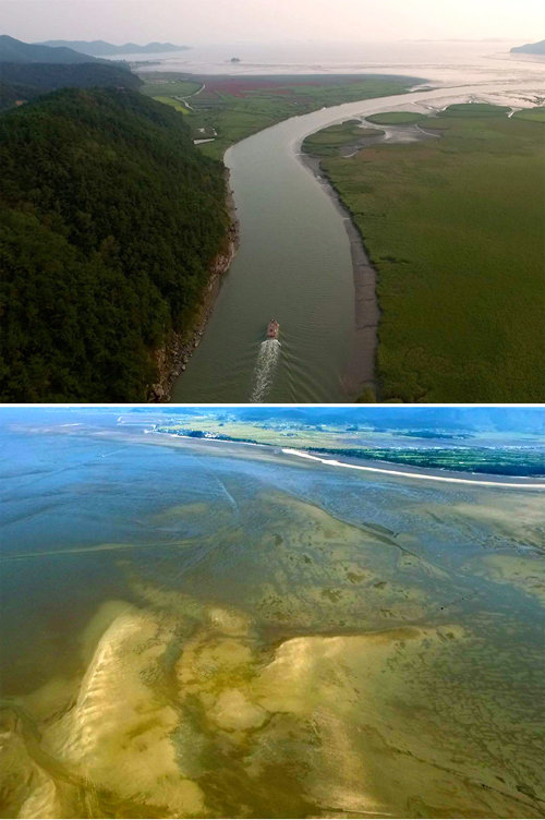 문화재청은 이달 초 유네스코 세계유산센터에 충남 서천, 전북 고창, 전남 신안, 전남 보성·순천에 있는 갯벌 1000㎢를 아우르는 ‘한국의 갯벌’을 세계유산으로 등재하기 위해 신청서를제출했다.사진은전남순천 갯벌(위 사진)과고창갯벌 전경. 문화재청제공