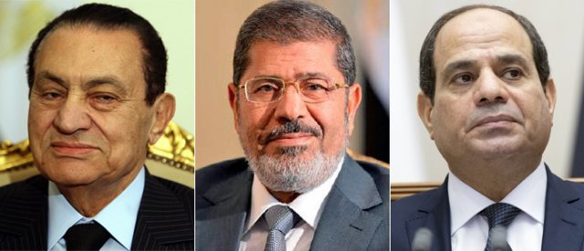 2011년 2월 ‘아랍의 봄’ 시위로 퇴진한 5선 대통령인 호스니 무바라크(왼쪽)와 2012년 6월 최초의 민선 대통령으로 선출된 무함마드 무르시(가운데), 2014년 대선에서 당선된 압둘팟타흐 시시. 동아일보 DB