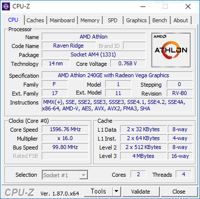 CPU-Z로 살펴본 AMD 애슬론 240GE의 정보(출처=IT동아)