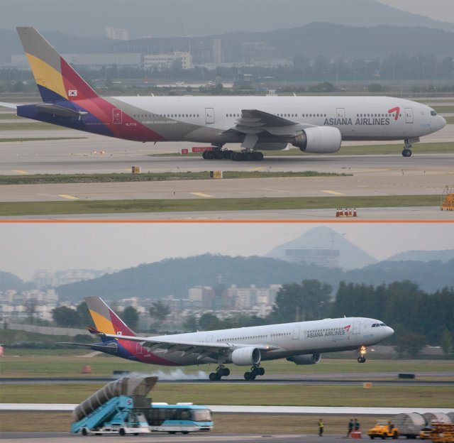 아시아나의 B777(위)과 A330. 아시아나는 이 두 기종의 엔진을 모두 PW에서 공급받았습니다. 동아일보 DB