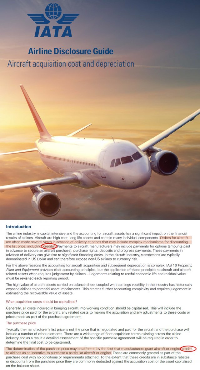 국제항공운송협회(IATA)가 제작한 항공기 구입과 감가상각비용 등에 관한 공개 문서. 항공사와 엔진 제작사의 리베이트인 
‘크레디트’가 항공기 구입을 결정하는 요인이 될 수 있고 항공기 가격을 낮추는 요인 중 하나임을 언급하고 있습니다. 자료: IATA