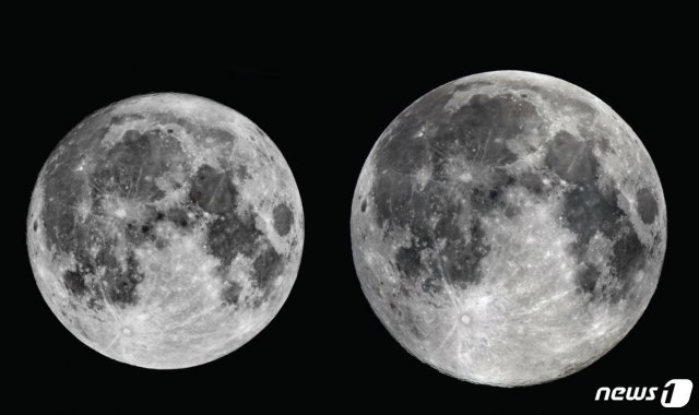2017년 1년 중 가장 큰 달(2017년12월4일)과 작은 달(2017년6월9일) 비교 사진. 큰 달이 작은 달 보다 14% 더 크다. (한국천문연구원 제공)