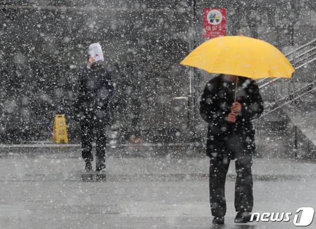 전국적으로 눈이 내린 19일 오전 서울 광화문네거리에서 출근하는 시민들이 눈을 맞으며 출근하고 있다. 2019.2.19/뉴스1 © News1
