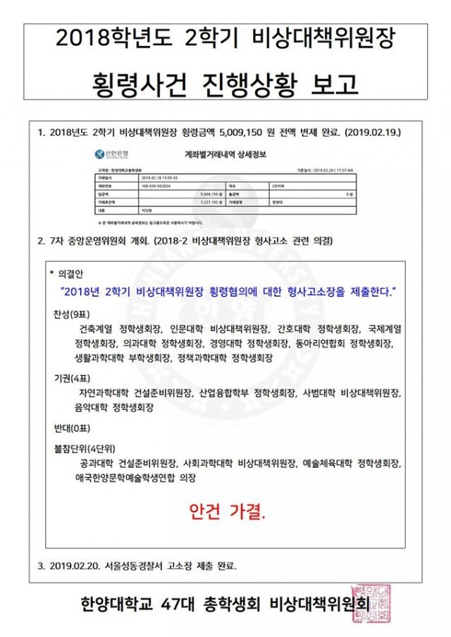 2018학년도 2학기 비상대책위원장 횡령사건 진행상항 보고 (한양대학교 총학생회 페이스북 갈무리) © 뉴스1