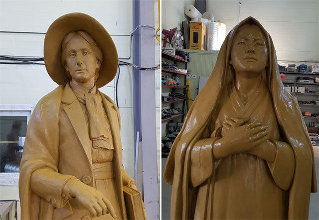 3월 1일 제막을 앞두고 막바지 제작 중인 사애리시 선교사(왼쪽)와 유관순 열사 동상. 한국선교유적연구원 제공
