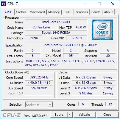 CPU-Z로 살펴본 8세대 인텔 코어 i7-8750H의 정보 (출처=IT동아)