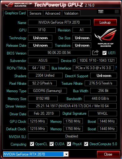 GPU-Z로 살펴본 지포스 RTX 2070의 정보(출처=IT동아)