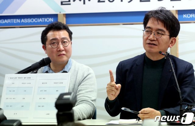 이덕선 한국유치원총연합회 이사장(오른쪽)이 3일 오전 서울 용산구 한유총 사무실에서 열린 교육부의 전향적 입장변화 촉구 기자회견에서 취재진의 질문에 답하고 있다. 2019.3.3/뉴스1 ⓒ News1