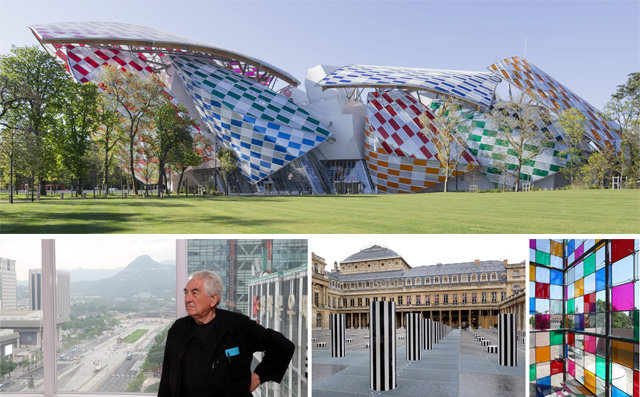 위 사진부터 시계 방향으로 다니엘 뷔렌이 유명 건축가 프랭크 게리가 지은 파리 루이뷔통재단미술관에 13개의 색을 입혀 작업한 ‘빛의 관측소’(2016년), 프랑스 스트라스부르 현대미술관의 ‘아이의 놀이처럼’(2014년), 그의 대표적 상설 설치작품인 파리 팔레 루아얄의 ‘두 개의 고원’(1986년), 지난해 동아미디어센터를 방문해 작업을 구상 중인 뷔렌의 모습. DB-ADAGP Paris 제공·동아일보DB