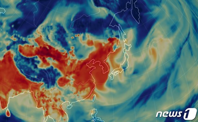 5일 새벽 서울 전 지역에 초미세먼지(PM-2.5) 경보가 발령되는 등 전국 곳곳에서 초미세먼지 비상이 걸렸다. 서울시 등 수도권에는 닷새 연속 미세먼지 비상저감조치가 시행됐다. 5일 세계 기상 정보 비주얼 맵인 어스널스쿨로 확인한 이날 오전 10시 중국과 한반도 부분이 초미세먼지로 붉게 표시되고 있다. (어스널스쿨 캡처)2019.3.5/뉴스1