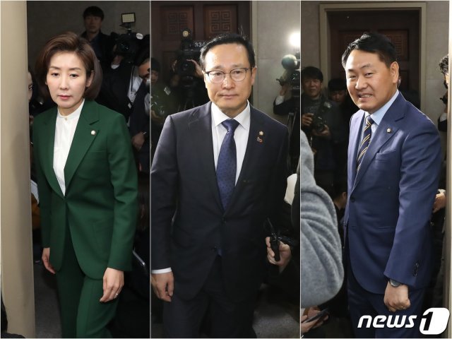 나경원 자유한국당, 홍영표 더불어민주당, 김관영 바른미래당 원내대표가 지난 4일 오전 서울 여의도 국회 운영위원장실에서 여·야 3당 원내대표 회동을 갖기 위해 들어서고 있다. 2019.3.4/뉴스1 © News1