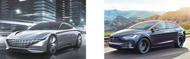 경기 고양시 킨텍스에서 29일부터 다음 달 7일까지 열리는 ‘2019 서울 모터쇼’에서 현대자동차는 기존에 공개한 콘셉트카 ‘르 필 루즈’(왼쪽)의 디자인이 적용되는 ‘8세대 신형 쏘나타’를, 테슬라는 전기차 ‘모델X’를 전시할 예정이다. 현대자동차·테슬라 제공