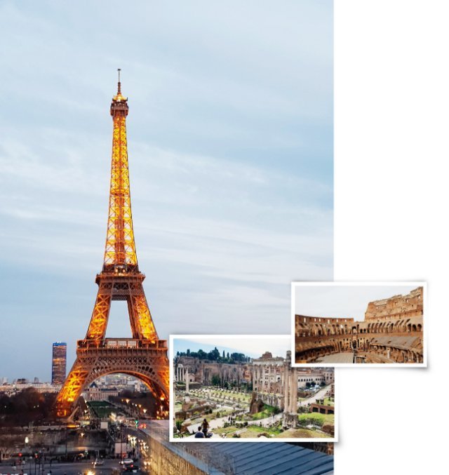 프랑스 파리 사요궁에서 바라본 에펠탑과 이탈리아 로마의 대표적 관광지 콜로세움 및 포로 로마노(왼쪽부터 시계 방향으로).