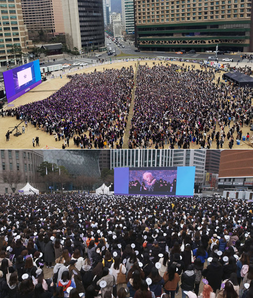방탄소년단의 팬 1만여 명은 10일 서울시청 광장에 모여 공연 영상을 관람하고, 2080개의 QR코드를 찾는 ‘아미피디아’ 프로젝트에 동참했다. 사진제공｜빅히트엔터테인먼트