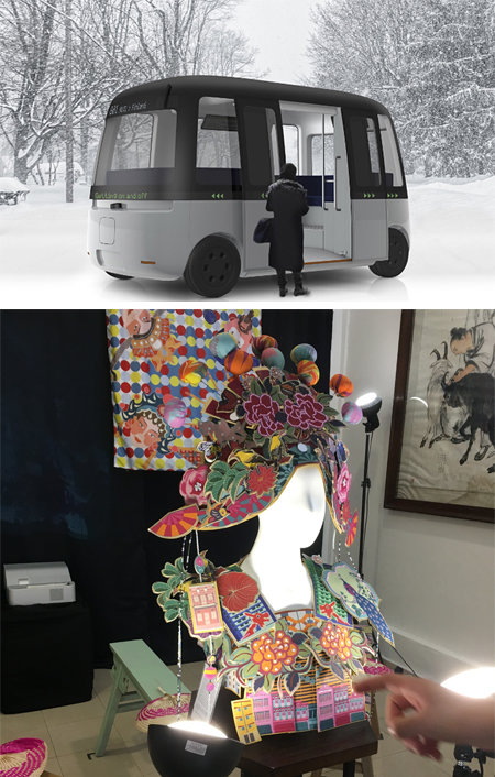 무지에서 개발 예정인 자동주행 셔틀버스 ‘가차’(사진 위), 거리 축제 ‘스트리트 오브 클랜스’에 등장한 중국 전통 의상 모양의 디자인. 싱가포르=김민 기자 kimmin@donga.com·MUJI 제공