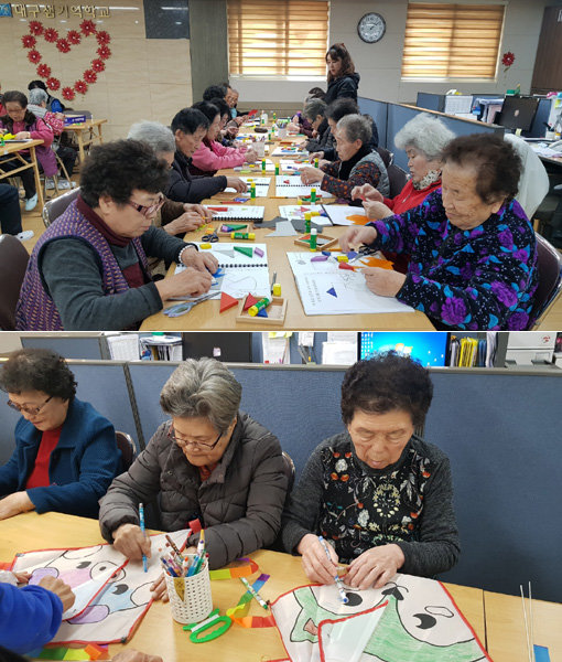 기억학교의 칠교교실(위쪽)과 미술교실 모습. 사진제공｜동행복권