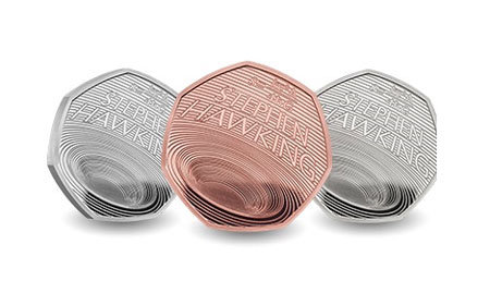 영국왕립조폐국서 발매한 스티븐 호킹 1주기 기념 주화.