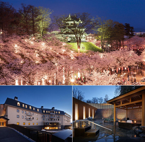 야간의 예쁜 경관 조명과 분홍빛 벚꽃이 어우러져 환상적인 정취를 자아내는 니가타현 조에츠시 ‘다카다 벚꽃 축제’는 일본 3대 밤 벚꽃 축제 중 하나로 꼽힌다. 모던한 디자인과 자연과 어우러진 시설이 돋보이는 조에츠시 롯데 아라이 리조트의 야외 온천, 객실 257실의 호텔 43동으로 이루어진 아라이 리조트 전경(위쪽부터 시계 방향으로). 사진제공｜롯데호텔