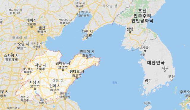 빨간선이 산둥성이다. 한반도와 가장 가까운 위치다 - 구글 맵 갈무리